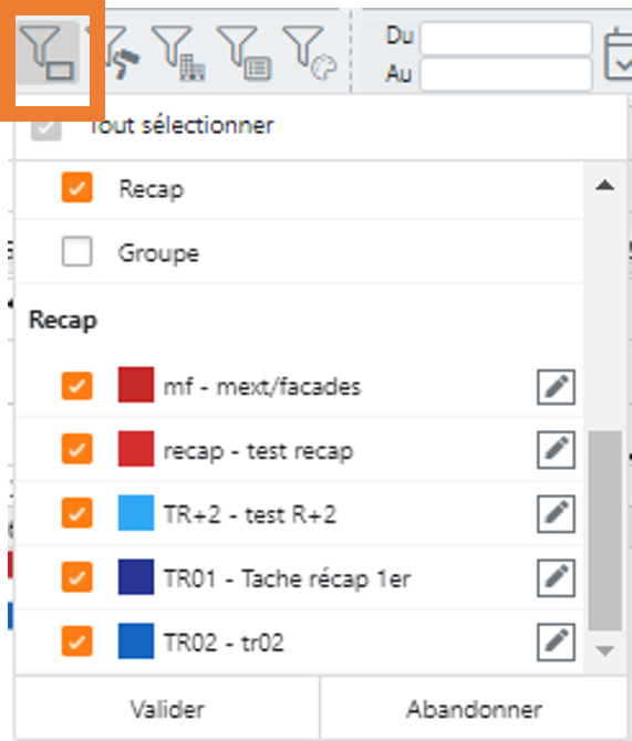 filtre tache récap planning